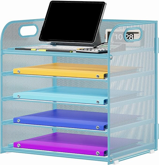 5 Tier Paper Organizer with Handle, Metal Mesh Desk Organizer File Folder Paper Letter Tray Desktop Document Sorter for Classroom, School, Office Accessories Organization and Storage - Blue