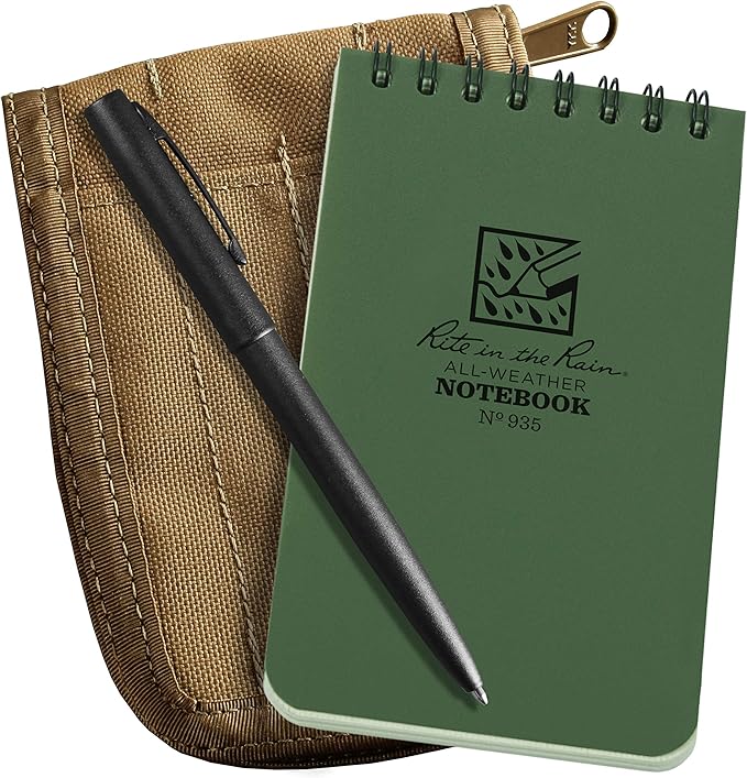 Rite in the Rain Weatherproof 3" x 5" Top Spiral Notebook Kit: Tan CORDURA Fabric Cover, 3" x 5" Green Notebook, and an Weatherproof Pen (No. 935-KITL)