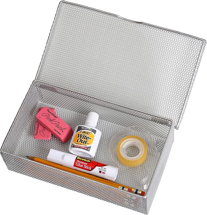 YBM HOME Silver Hinged Mesh Pencil Box Holder and Desktop Organizer for Office, Small Metal Box Storage Box with Lid for Markers, Pens, Erasers, Office Supplies - 1-Unit, Medium 2376