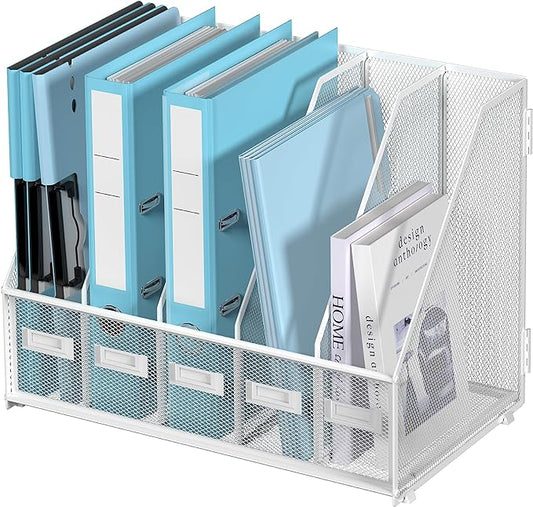 SUPEASY Desk Organizers Metal Desk Magazine File Holder with 5 Vertical Compartments Rack File Organizer for Office Desktop, Home Workspace, White Plus