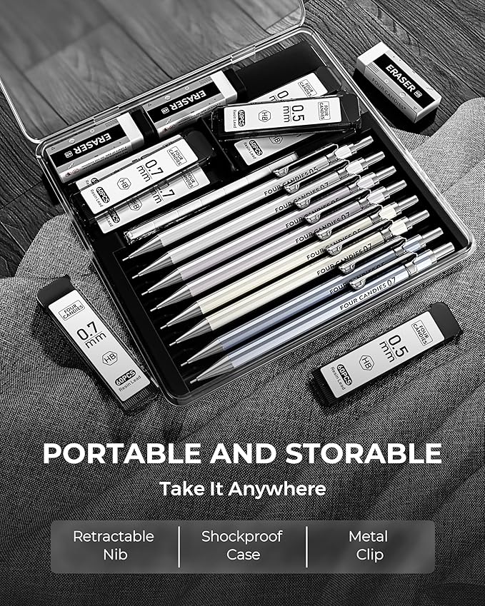 Four Candies 8PCS Metal Mechanical Pencils - 0.5 & 0.7mm with 8 Tubes HB #2 Lead Refills, Eraser Set and Eraser Refills, 20-Count Pack with Case, Lead Pencils Mechanical for Writing, Drawing, Drafting