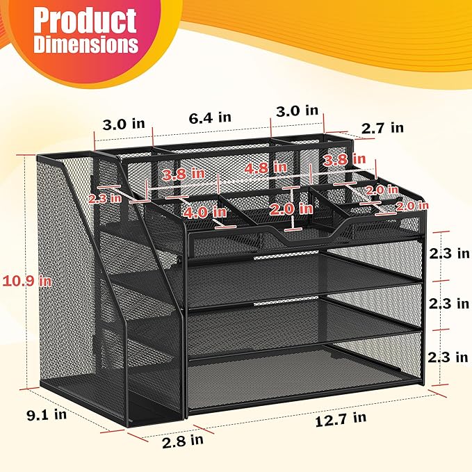Docnest 4 Tier Mesh Desk Organizer with File Holder – Multi-Functional Paper Letter Tray with 5 Adjustable Compartments, 3 Pen Holders, Desktop Storage for Files, Mail, Stationery – Black