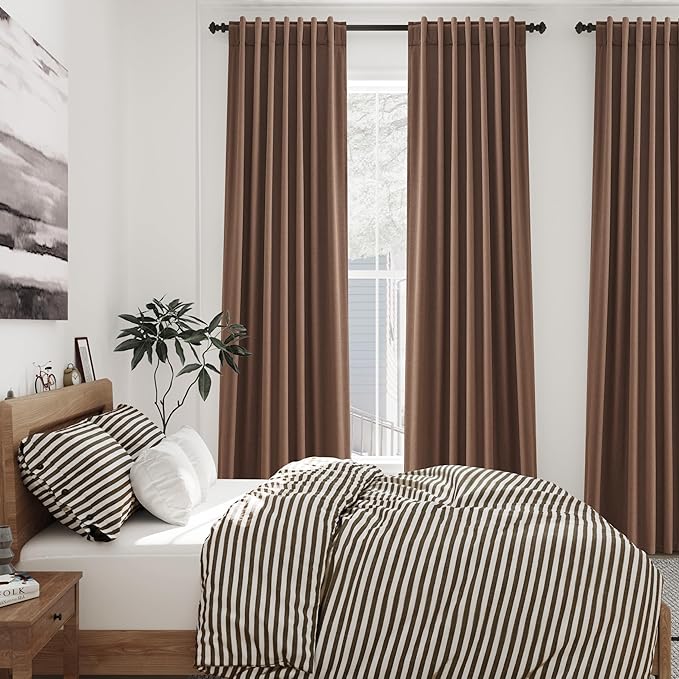Caramel Brown Linen Blackout Curtains 120 Inch Length 2 Panels Set Burg Extra Long 10 Ft Back Tab Pocket Drapes Cotton Textured Total Sun Blocking Curtains for Living Room Cottage High Window 52x120