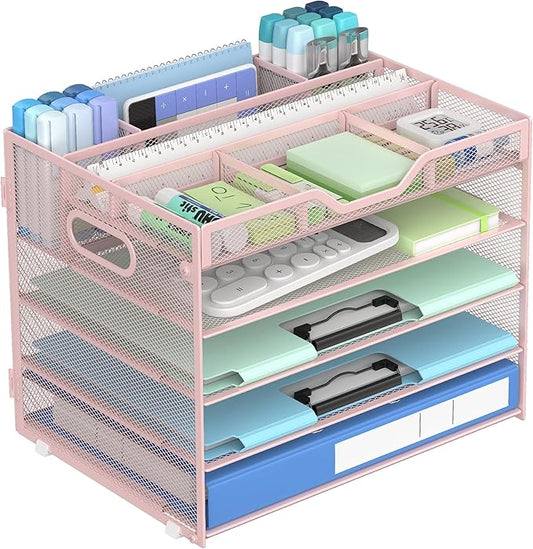 Docnest 5 Tier Mesh Desk Organizer- Letter Tray with Adjustable Compartments, Mesh Desktop Storage Built in Pen Holder and Handles, Desk Organizer Tray for Mail Documents Office Supplies–Pink