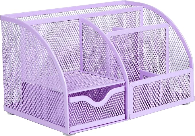 Annova Mesh Desk Organizer Office with 7 Compartments + Drawer/Desk Tidy Candy/Pen Holder/Multifunctional Organizer (Light Purple)