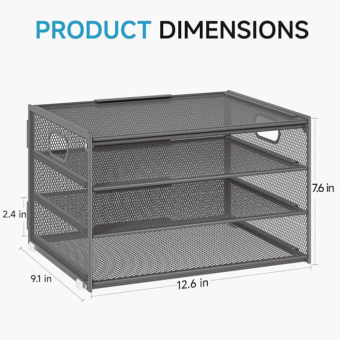 Lavatino 3-Tier Letter Tray Desk Organizer, Mesh Metal Paper File Tray Organizer for Desk, Office Supplies & Home Organization, Fits A4 Paper, Mail, Magazines & Office Accessories (Grey with Handle)