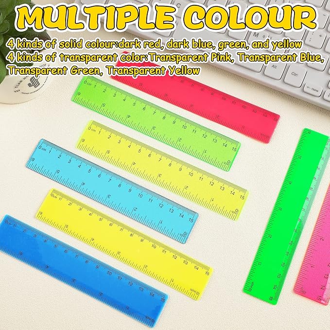 Harloon 288 Pack Clear Color Plastic Rulers 6 Inch Transparent Colorful Ruler with Inches and Centimeters 8 Colors Metric Bulk for Kids School Home Office