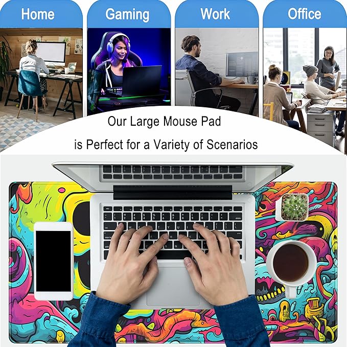 Gaming Desk Mat Skull Desk Pad Extended Mouse Pad XXL, Cool Mouse and Keyboard Mat Big Desktop Mats for Desk, Laptop Mat with Non-Slip Base & Stitched Edges, Office Decor for Men 31.5" x 15.7"
