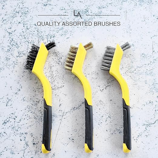 Lavaxon Wire Brush Set 3Pcs - Nylon/Brass/Stainless Steel Bristles with Curved Handle Grip for Rust, Dirt & Paint Scrubbing with Deep Cleaning – 7 Inches (Yellow)