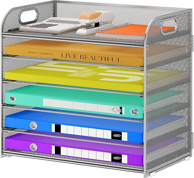 6 Tier Paper Organizer with Handle, Metal Desk Organizer Mesh Paper Letter Tray Desktop File Folder Document Sorter for Classroom, School, Office Accessories Organization and Storage - Silver