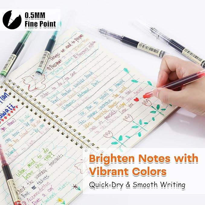 RIANCY Liquid Ink Rollerball Gel Pens, 0.5mm Extra Fine Point Tip, 24ct Assorted Colors, Smooth Writing No Smear No Bleed, Vibrant for Journaling, Drawing, Sketching, School Notes & Art Supplies