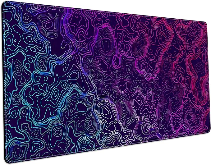 Blue Purple Desk Pad Topographic Map Desk Mat XXL Large Extended Gaming Mouse Pad Computer Mat, Laptop Keyboard and Mouse Mat, Office Decor Non-Slip Mousepad with Stitched Edge, 31.5''x15.7''