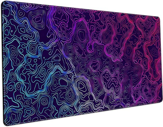 Blue Purple Desk Pad Topographic Map Desk Mat XXL Large Extended Gaming Mouse Pad Computer Mat, Laptop Keyboard and Mouse Mat, Office Decor Non-Slip Mousepad with Stitched Edge, 31.5''x15.7''