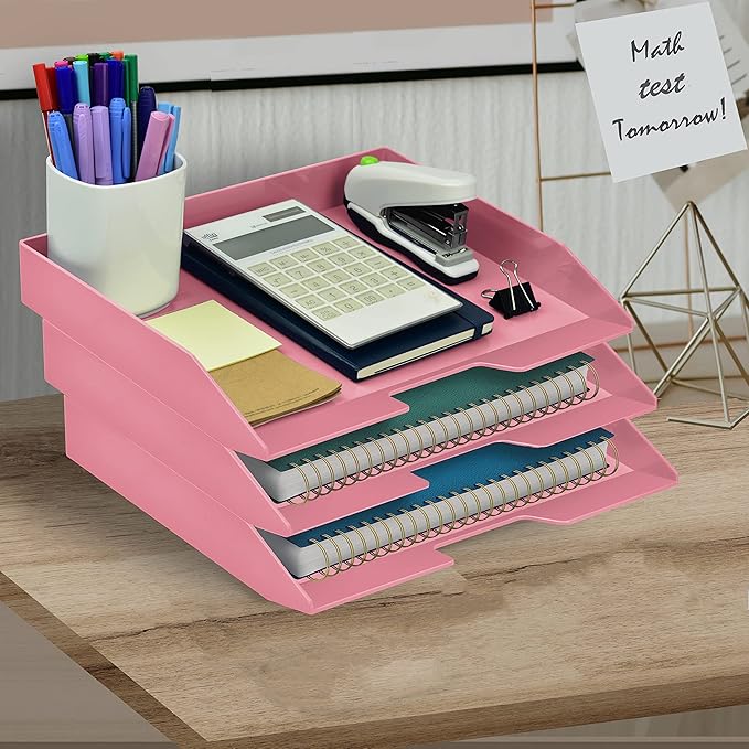 Acrimet Stackable Letter Tray 3 Tier Side Load, Plastic, Desktop File Organizer (Solid Pink Color)