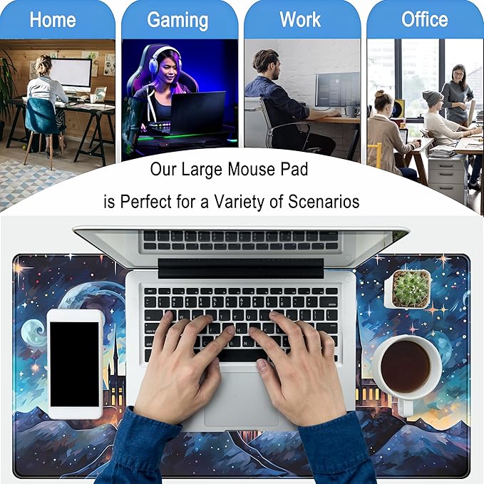 Blue Castle Desk Mat Aesthetic Cute Desk Pad, Extended Large Mouse Pad XXL Gaming Keyboard Pad, Computer Desktop Mouse Mat Full Desk Laptop Mat, Fantasy Art Office Desk Accessories 31.5" x 15.7"