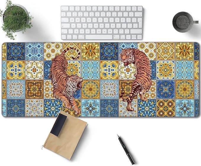 Mexican Tile Tiger Large Mouse Pad, Vintage Aesthetic Gaming Desk Mat, XL Keyboard Desk Pad Mat for Desktop, 31.5"x11.8" Non-Slip Base Big Mousepad with Stitched Edges
