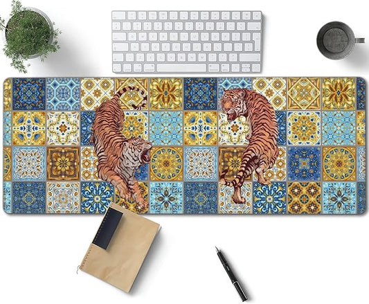 Mexican Tile Tiger Large Mouse Pad, Vintage Aesthetic Gaming Desk Mat, XL Keyboard Desk Pad Mat for Desktop, 31.5"x11.8" Non-Slip Base Big Mousepad with Stitched Edges