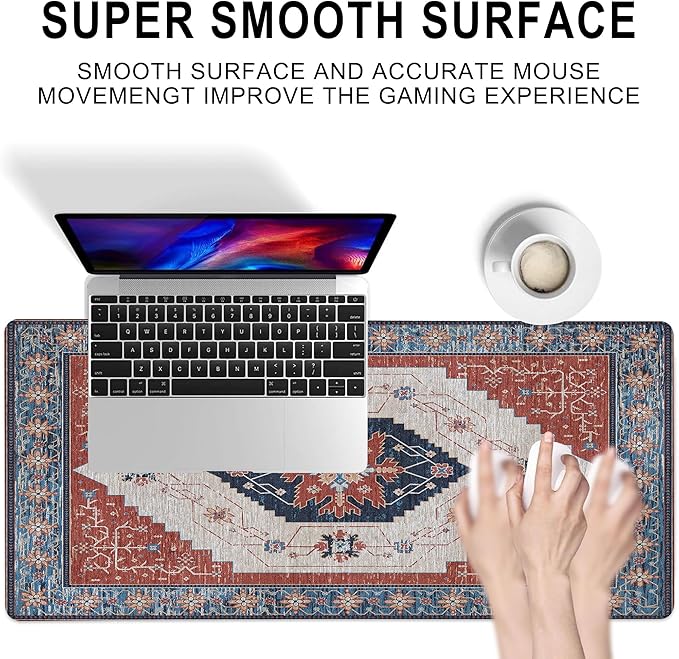 Gaming Mouse Pad, Vintage Retro Boho Rug Large Desk Mat for Keyboard and Mouse,Non-Slip Rubber Base and Stitched Edges Desk Pad for Home Office 35.4x15.7in