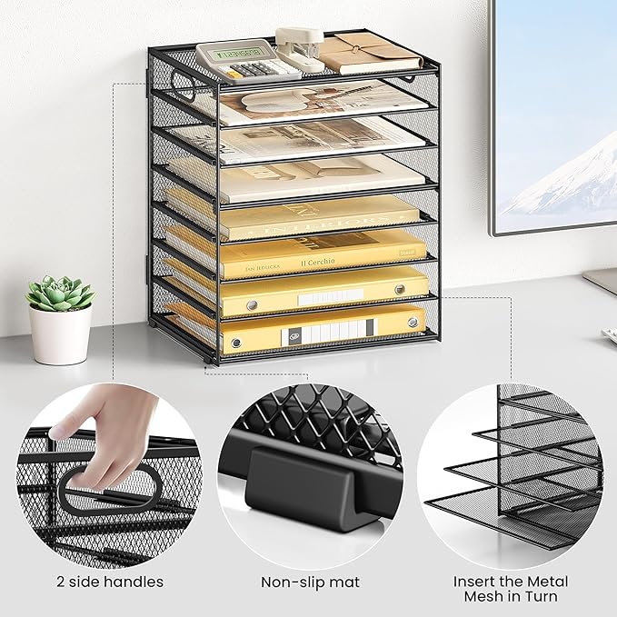 Lavatino 8 Tier Paper Organizer for Desk, Black Mesh Letter Tray File Sorter Organizers with Handles, Include 5 Pcs Adjustable Slid Tray for Office School Classroom Supplies Organization and Storage