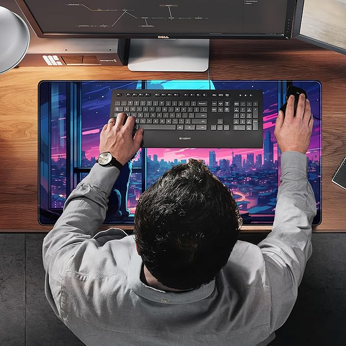 Cool Purple Kawaii Anime Moom Cat Desk Mat XXL Large Gaming Mouse Pad, Cute City Cats Desk Pad for Gamer Girl Women Office Desk Decor Mousepad, Computer Laptop Keyboard and Mouse Mat 31.5x15.75 in