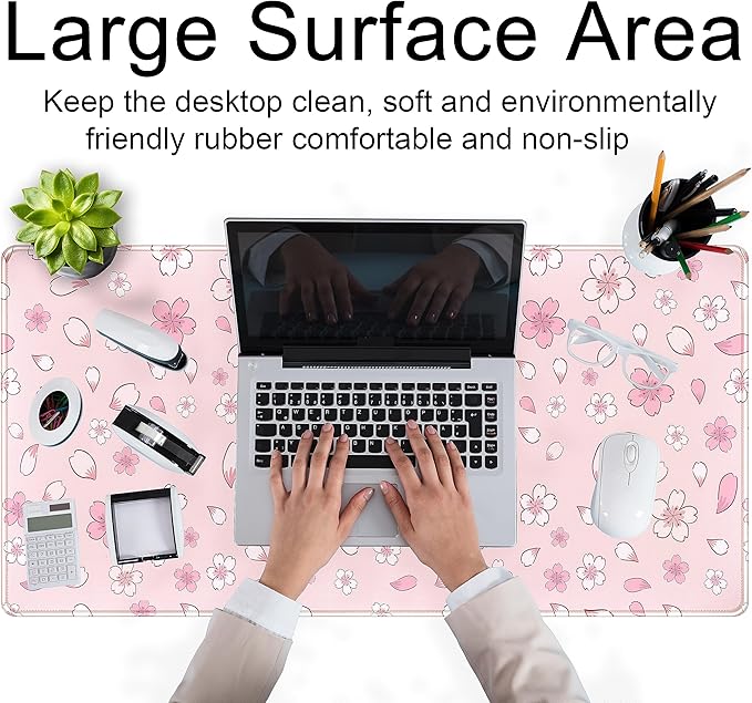 LuckyCow Pink Cherry Blossom Large Mouse Pad XXL 31.5''x15.7'', Pastel Anime Aesthetics Desk Pad Keyboard Mat Big Gaming Deskmat, Extended Mousepad Desk Accessories for Women Office Decor