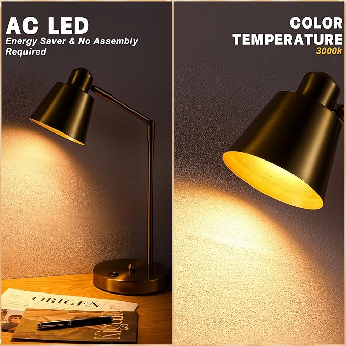 LED Desk Lamp with Dual USB Charging Ports, 100% Metal, 270° Swivel Arms, Soft White Light (3000K), Bedside Reading Lamp, Home Office Lamp(Golden)