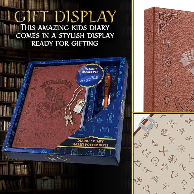 Harry Potter Lockable Diary with UV Invisible Ink Pen for Kids, Teens, Secret Journal with Key, Lined Pages, Stationery Supplies, Gifts for Kids (Brown UV Pen)