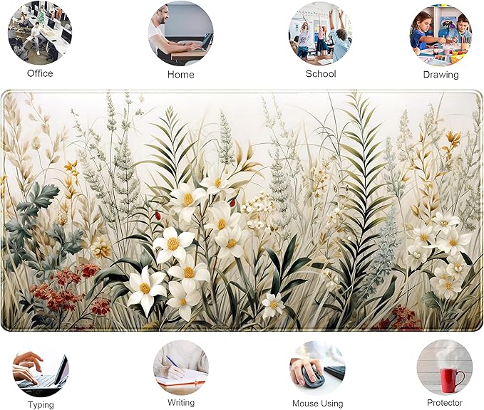 Beige Aesthetic Sage Desk Mat Cute Watercolor Flowers Mouse Pad Desk Pad, XXL Large Extended Gaming Anime Mousepad Big Keyboard Mouse Mat, Home Office Desktop Decor Deskpad for Women 31.5x15.75 in