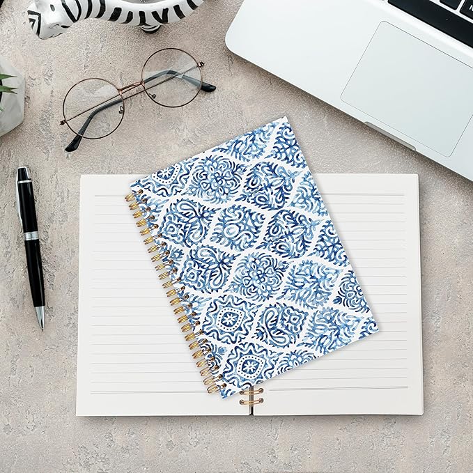 URLLUAE Retro Blue Moroccan Tile Notebook Floral, Vintage Blue and White Floral Spiral Notebook Journals for Work School, Retro Office Supplies Gifts, 5.5x8.3 Inch