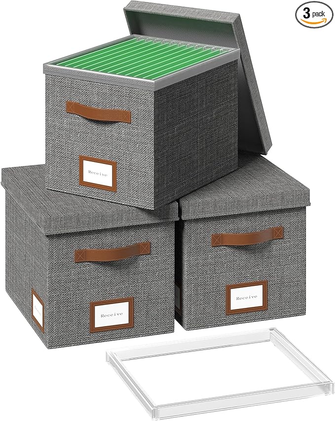 File Box for Hanging, File Organizer Box with Lid Decorative File Folders Letter Size Organizer with One-Piece Integrated Plastic Slide Rail (Grey, 13.2x10.1x10.1inch(3pack))