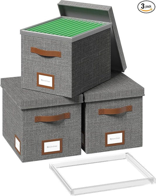File Box for Hanging, File Organizer Box with Lid Decorative File Folders Letter Size Organizer with One-Piece Integrated Plastic Slide Rail (Grey, 13.2x10.1x10.1inch(3pack))