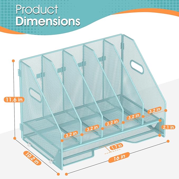 Desk File Folder Holder Organizer-5 Vertical Compartments Racks and Paper Letter Tray,Mesh Magazine File Holder Sorter,Desktop Accessories & Workspace Organizers for Home,Office,School-Blue