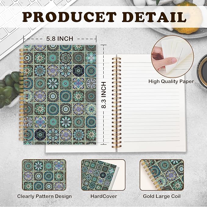 URLLUAE Vintage Ethnic Moroccan Notebook, Dark Green Floral Journals for Women, Boho Aesthetic Spiral Notebook Journals for Work School Office Supplies Gifts, 5.5x8.3 Inch