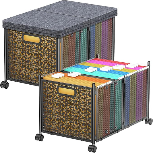 File Organizer Box, Large File Box for Hanging Letter/Legal Size File, File Folder Storage Box with Wheels, Decorative File Box for Office/Decor/Home, Metal (2 Pack)