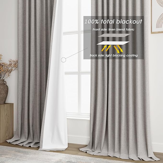 Silver Linen Blackout Curtains for Bedroom Windows Farmhousse Back Tab Rod Pocket Thermal Insulated Curtains 84 Inch Length 2 Panels Set Full Black Out Room Darkening Drapes for Living Room 52X84