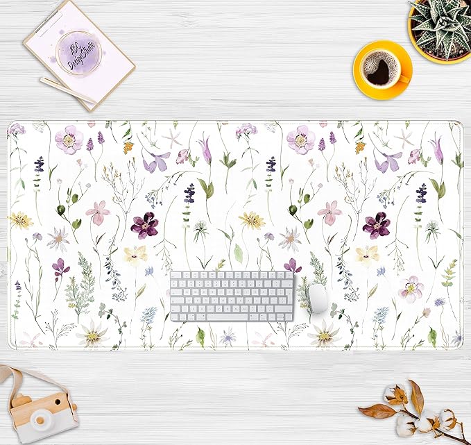 Cute Flower Mouse Pad Aesthetic Desk Mat Plants Large Extended Gaming Mousepad Floral XXL Desk Pad Keyboard and Mouse Mat 31.5''x15.75'', Desktop Decor Protectors Mats for Women Office Girl Gamer