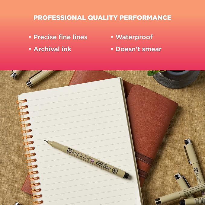 SAKURA Pigma Micron Fineliner Pens - Archival Black & Colored Ink Pens - for Writing, Drawing, or Journaling - Black & Colored Ink - 05 Point Size - 16 Pack