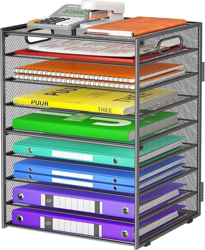 9 Tier Paper Organizer with Handle, Large Capacity Desk Organizer Mesh File Folder Letter Paper Tray Desktop Document Sorter for Classroom, School, and Office Accessories Organization - Grey