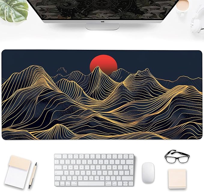 Gaming Mouse Pad, Abstract Golden Mountains and Red Sun Large Desk Mat for Keyboard and Mouse,Non-Slip Rubber Base and Stitched Edges Desk Pad for Home Office 35.4x15.7in