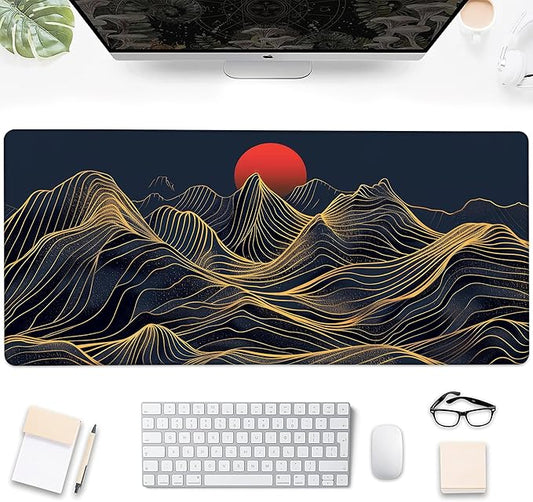 Gaming Mouse Pad, Abstract Golden Mountains and Red Sun Large Desk Mat for Keyboard and Mouse,Non-Slip Rubber Base and Stitched Edges Desk Pad for Home Office 35.4x15.7in