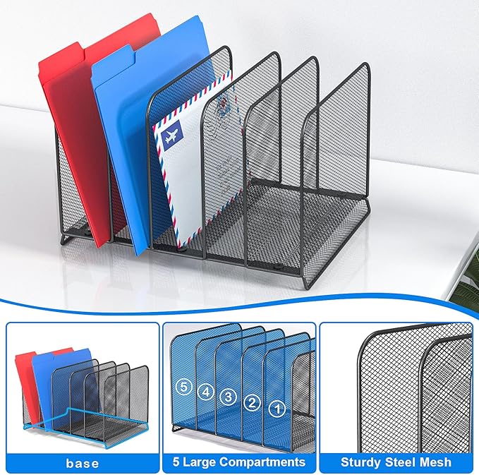 5 Sections File Rack,Mesh File Sorter File Folder Holder with Cylinder Edging,Sturdy Not Bent, Metal Desk Organizer Desktop Organization for Document Newspaper Magazine,1 Pack