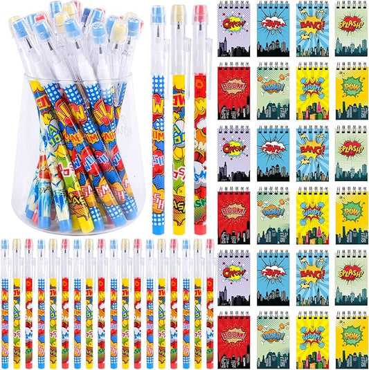 Kolewo4ever 48 Pieces Hero Text Theme Set:24Pcs Translucent Pencil Multipoint Non Sharpening Stackable Pencils 24Pcs Mini Spiral Notepad Memo Pad Pocket Notebooks