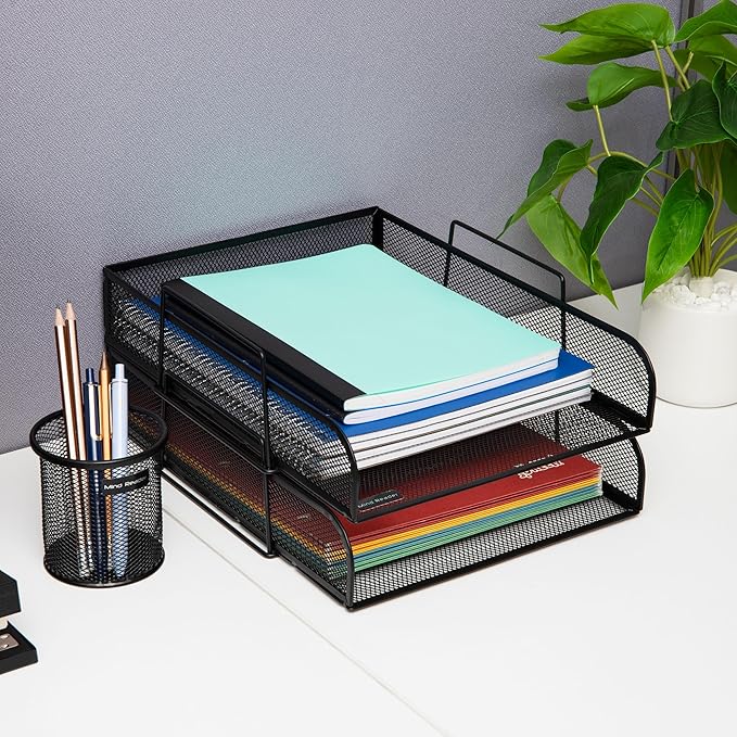 Mind Reader Stackable Paper Tray, Desktop Organizer, File Storage, Office, Metal Mesh, 10.5" L x 13.5" W x 11.25" H, 4 Pcs., Black