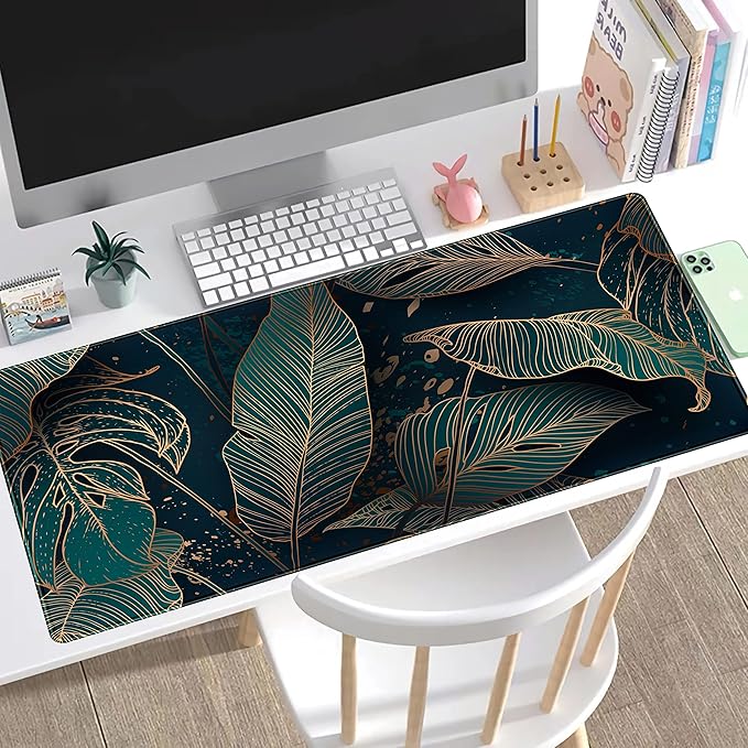 Desk Pad, Green Gold Palm Leaves Extended Gaming Mouse Pad Cute Large Desk Mat, Non-Slip Rubber Base Mousepad with Stitched Edges, Keyboard Mouse Mat Desk Pad for Game Office Home 31.5x15.75 in