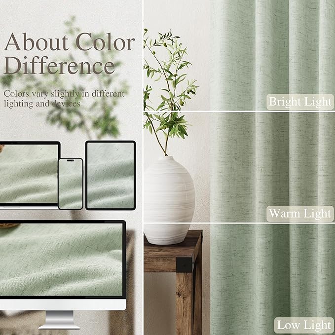 Blackout Light Sage Linen Curtains 96 Inches Long Back Tab Heat Reflective Full Light Block Out Curtain 2 Panels for Bedroom Window Textured Long Draperies with Liner Floor to Ceiling Length 52x96