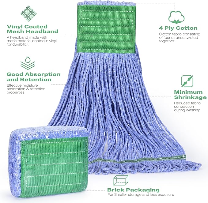 Matthew Cleaning Heavy Duty Mop Head Replacement, 5 Inch Wide Headband, Color Coded Looped End Cotton String Wet Mops for Floor Cleaning, Medium Size 18 oz, 8 Pack