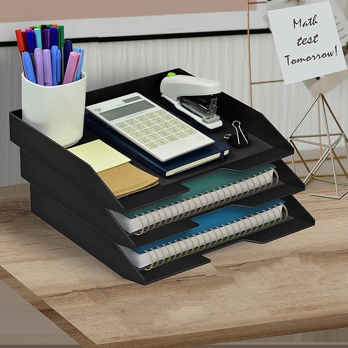 Acrimet Stackable Letter Tray 3 Tier Side Load, Plastic, Desktop File Organizer (Black Color)