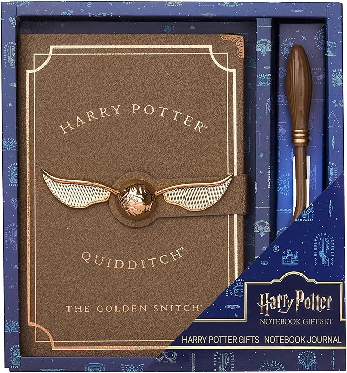 Harry Potter A5 Notebook Set with Broomstick Pen for Kids, Teens, Faux Leather Cover, Golden Snitch Detail, Stationery Supplies, Gifts for Kids (Brown Wand Pen)
