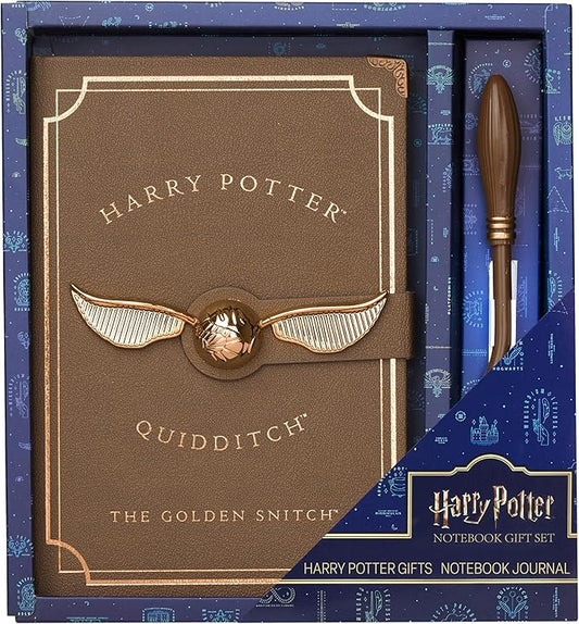 Harry Potter A5 Notebook Set with Broomstick Pen for Kids, Teens, Faux Leather Cover, Golden Snitch Detail, Stationery Supplies, Gifts for Kids (Brown Wand Pen)