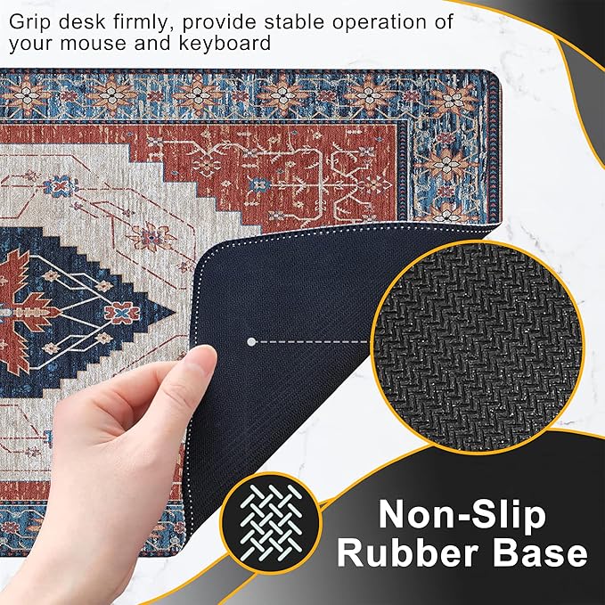 Gaming Mouse Pad, Vintage Retro Boho Rug Large Desk Mat for Keyboard and Mouse,Non-Slip Rubber Base and Stitched Edges Desk Pad for Home Office 35.4x15.7in